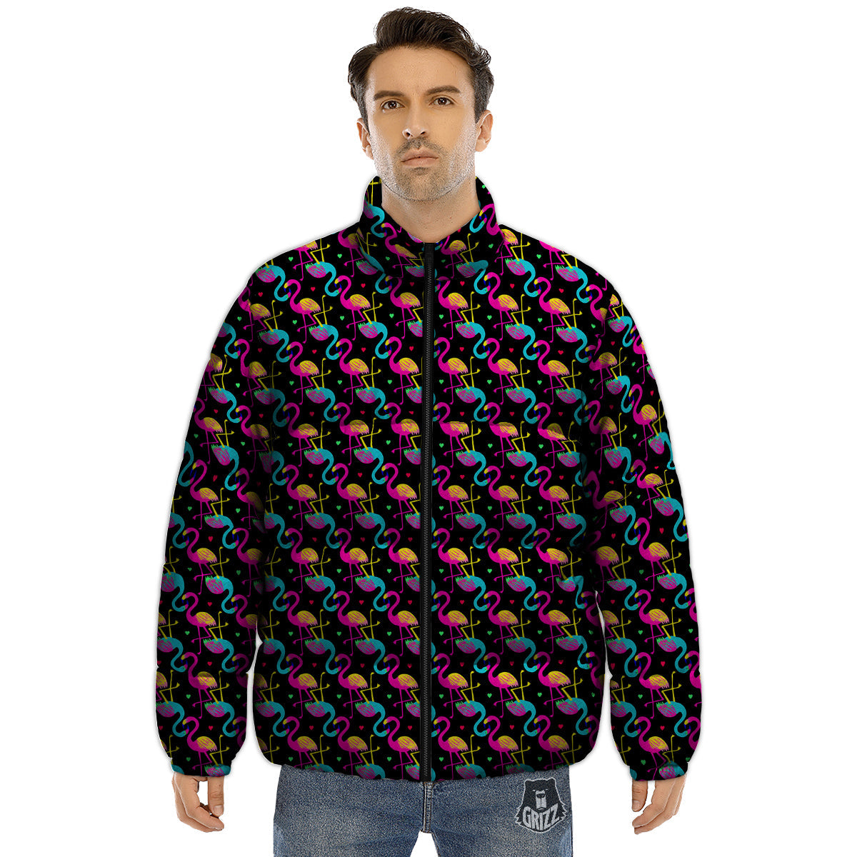 Flamingo Colorful Print Pattern Puffer Jacket-grizzshop