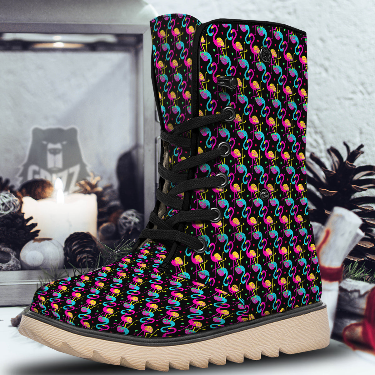 Flamingo Colorful Print Pattern Snow Boots-grizzshop