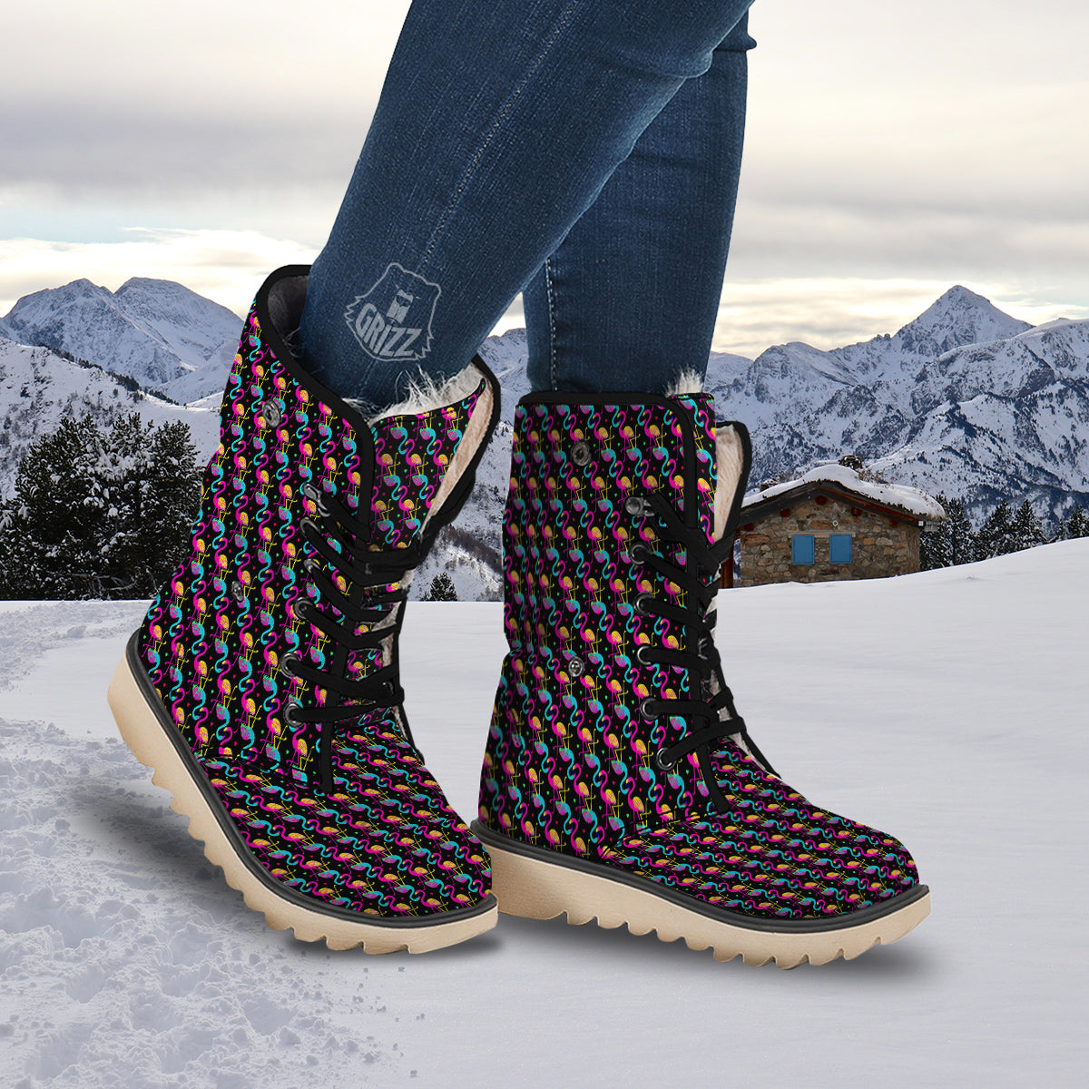 Flamingo Colorful Print Pattern Snow Boots-grizzshop