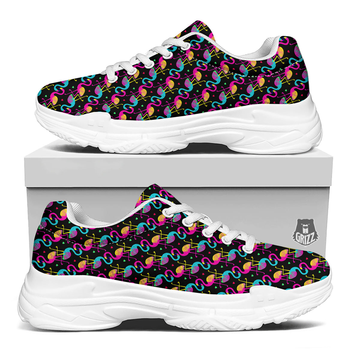 Flamingo Colorful Print Pattern White Chunky Shoes-grizzshop