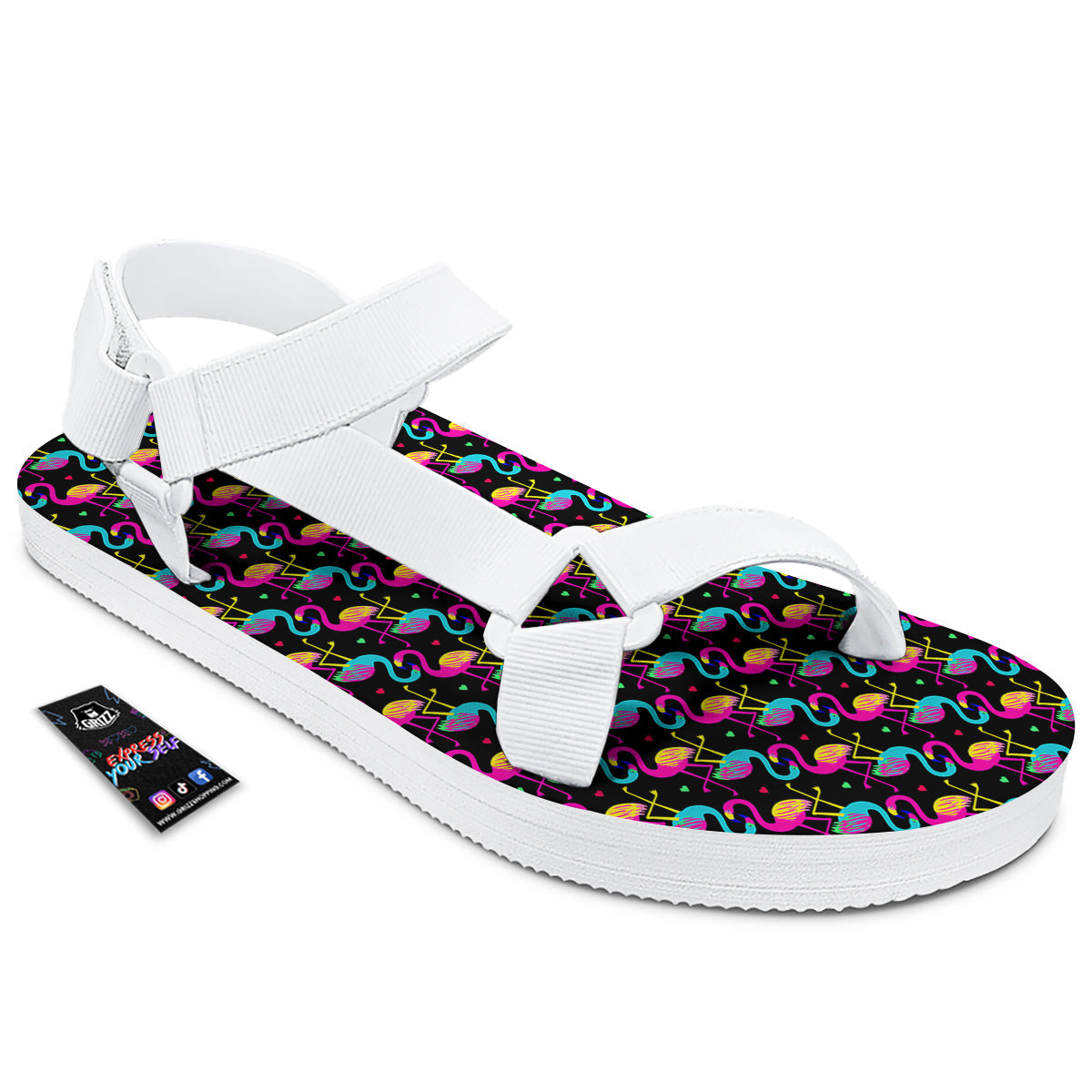 Flamingo Colorful Print Pattern White Open Toe Sandals-grizzshop