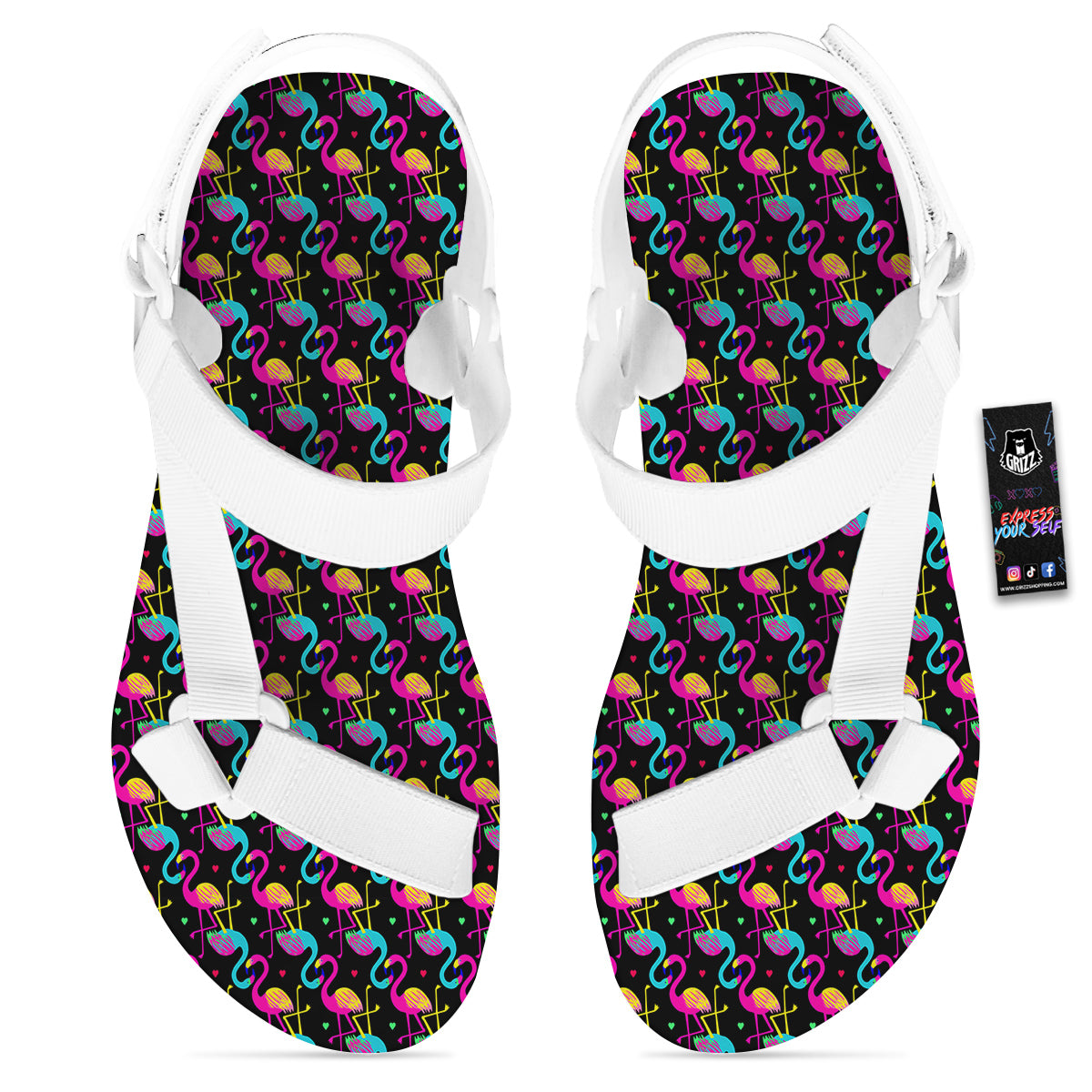 Flamingo Colorful Print Pattern White Open Toe Sandals-grizzshop