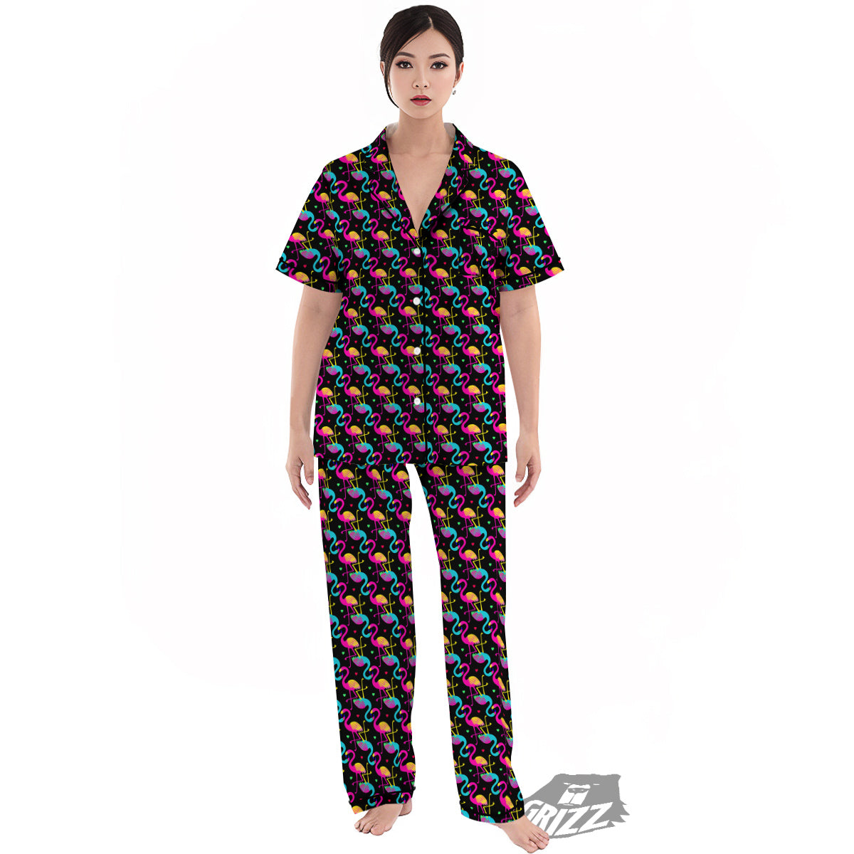 Flamingo Colorful Print Pattern Women's Pajamas Set-grizzshop