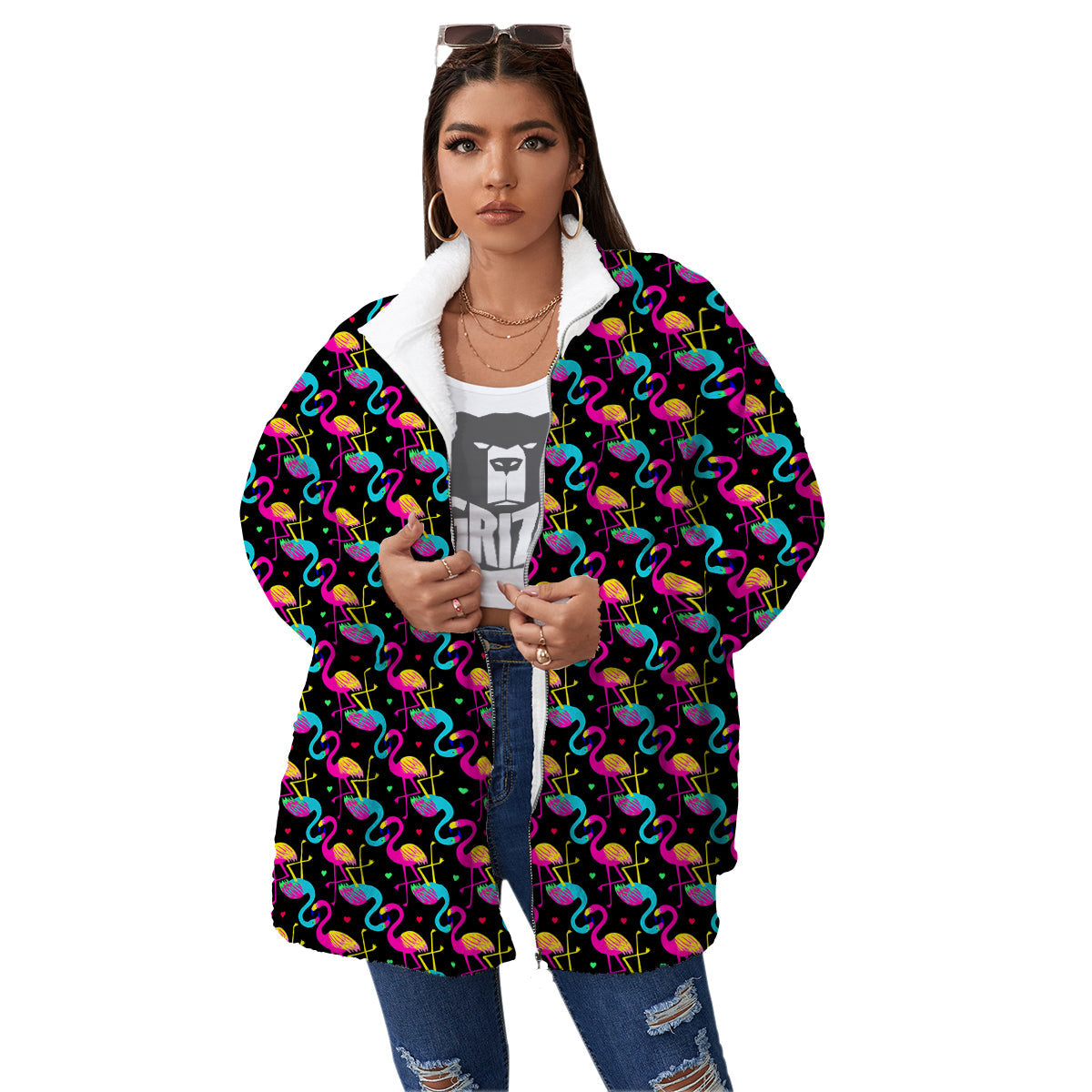 Flamingo Colorful Print Pattern Women's Sherpa Jacket-grizzshop