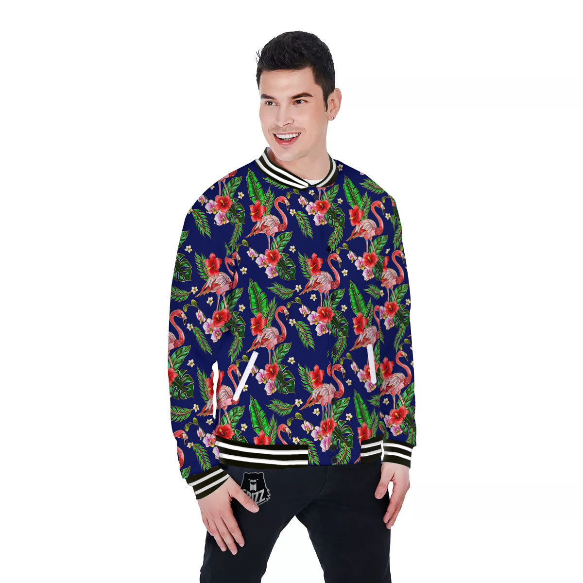 Flamingo Floral Tropical Print Pattern Baseball Jacket-grizzshop