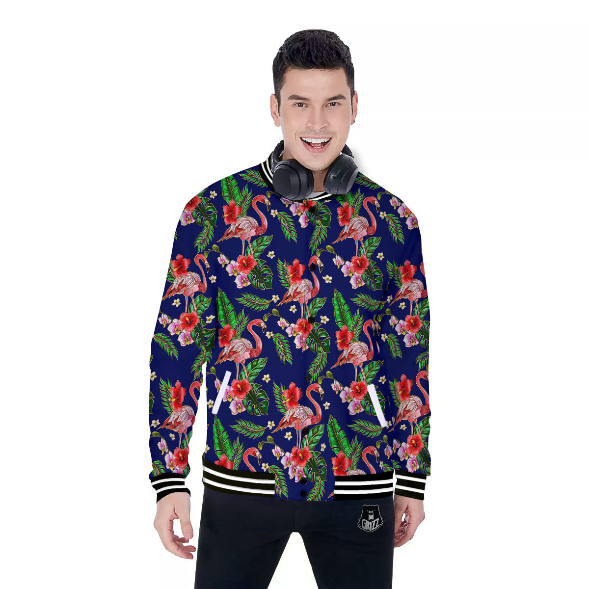 Flamingo Floral Tropical Print Pattern Baseball Jacket-grizzshop