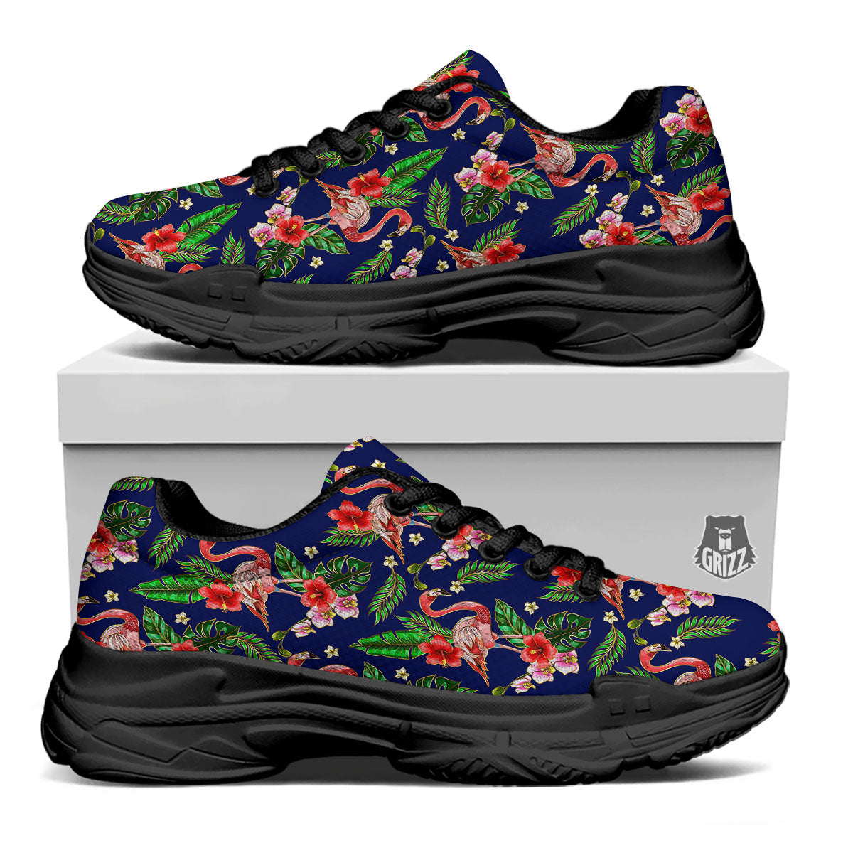 Flamingo Floral Tropical Print Pattern Black Chunky Shoes-grizzshop