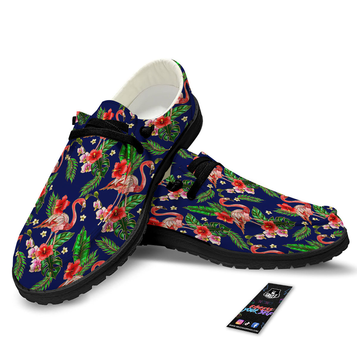 Flamingo Floral Tropical Print Pattern Black Loafers-grizzshop