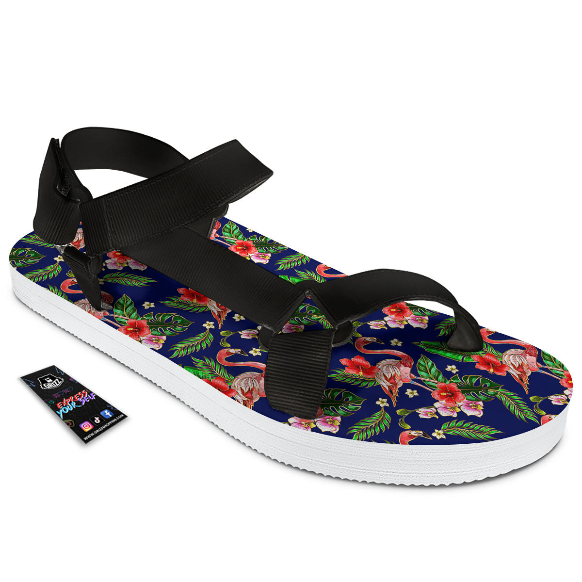 Flamingo Floral Tropical Print Pattern Black Open Toe Sandals-grizzshop