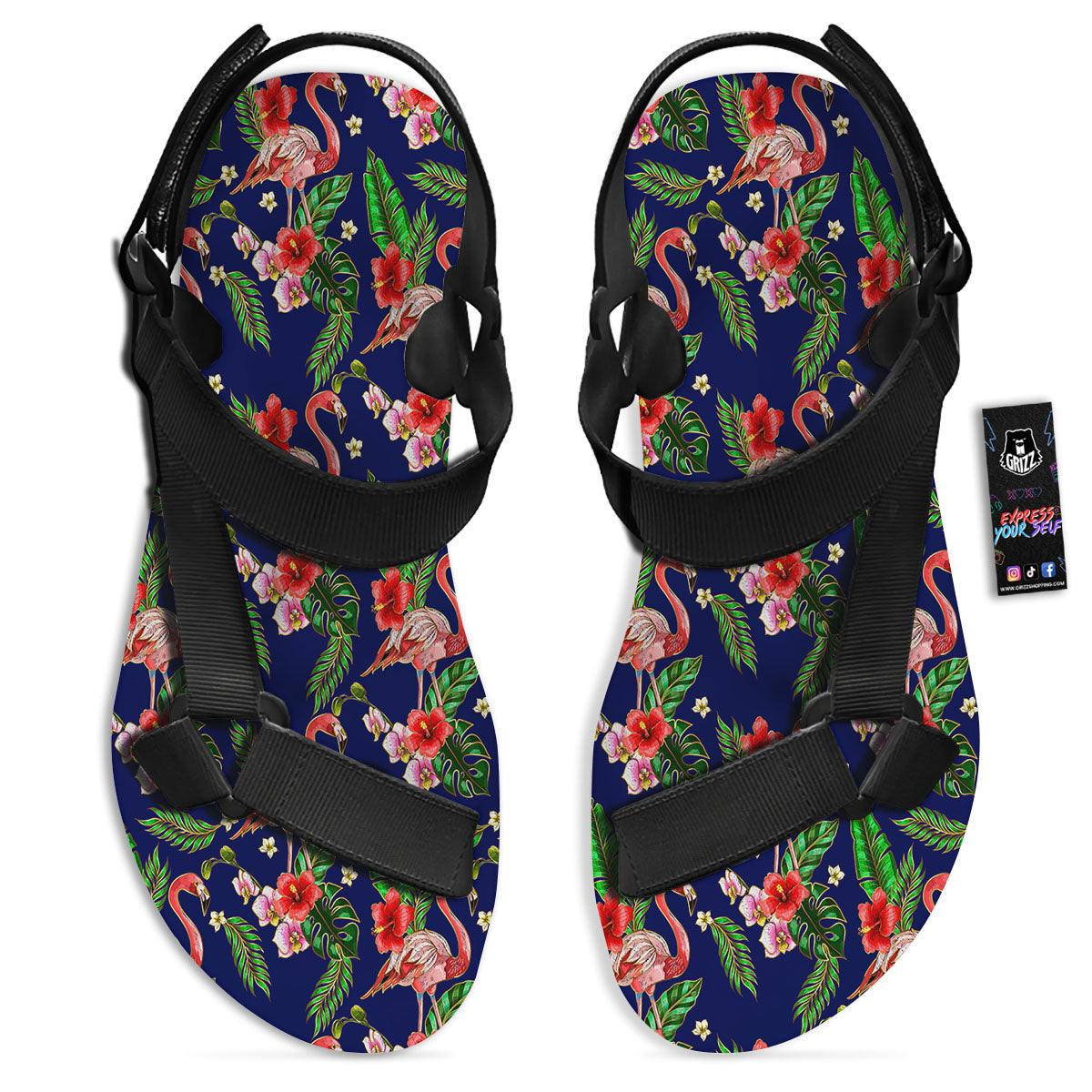 Flamingo Floral Tropical Print Pattern Black Open Toe Sandals-grizzshop