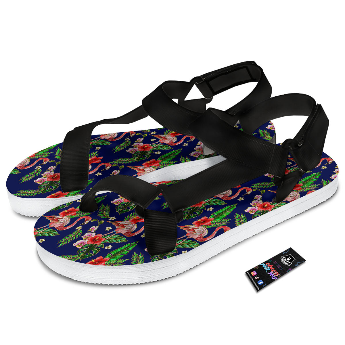Flamingo Floral Tropical Print Pattern Black Open Toe Sandals-grizzshop