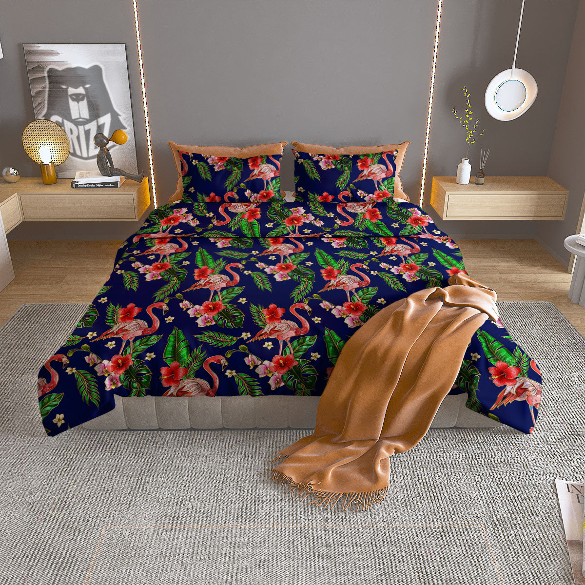 Flamingo Floral Tropical Print Pattern Duvet Cover Bedding Set