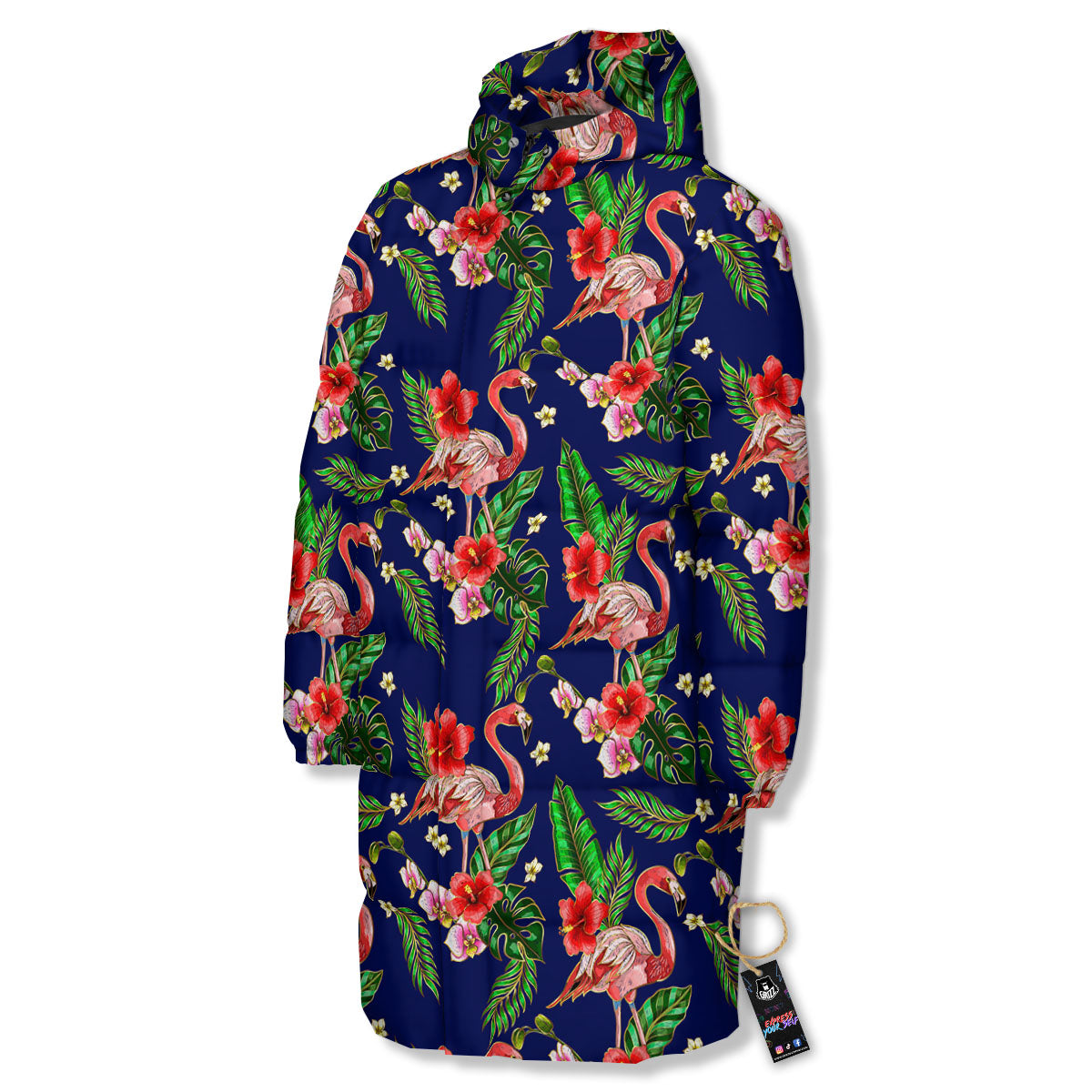 Flamingo Floral Tropical Print Pattern Long Down Jacket-grizzshop