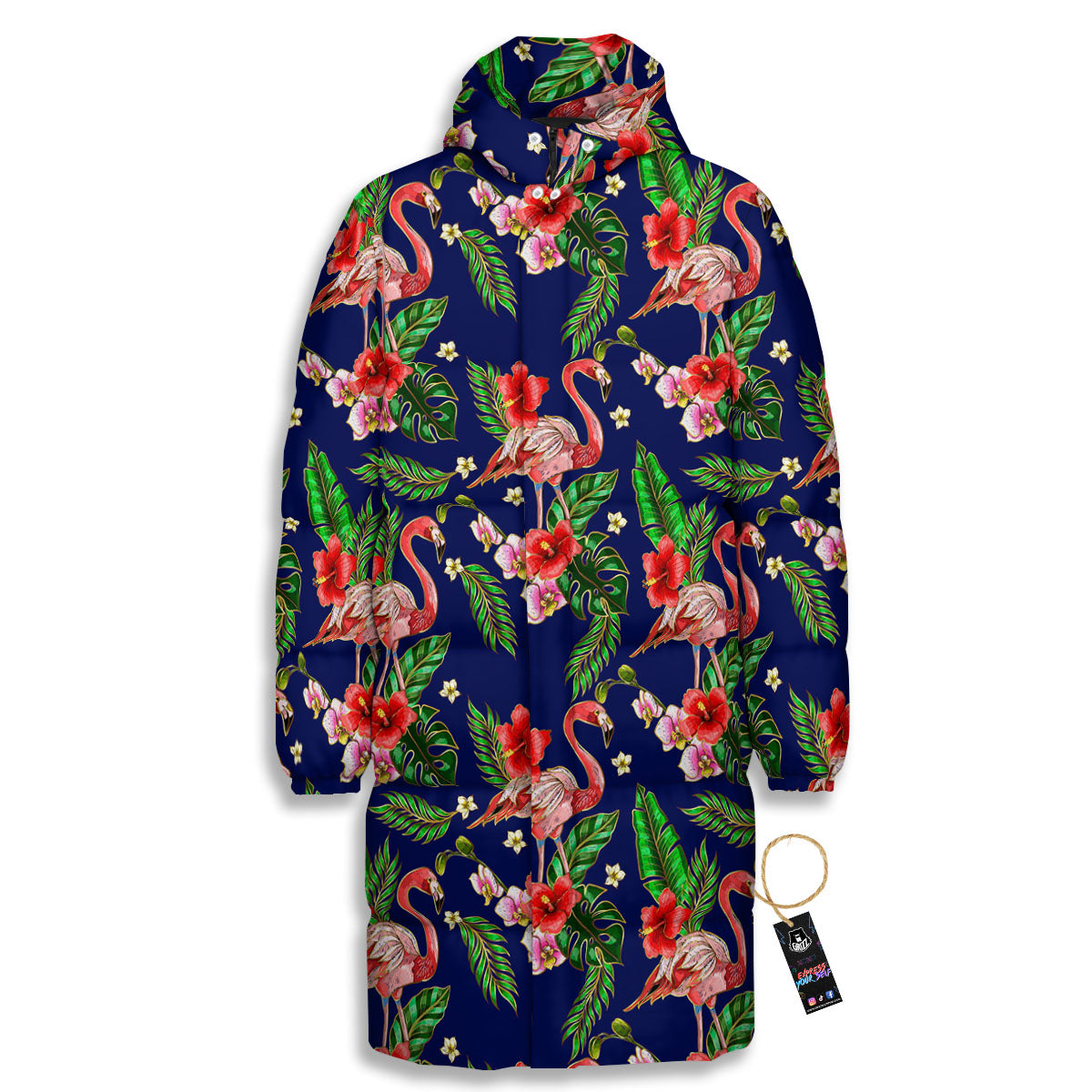 Flamingo Floral Tropical Print Pattern Long Down Jacket-grizzshop