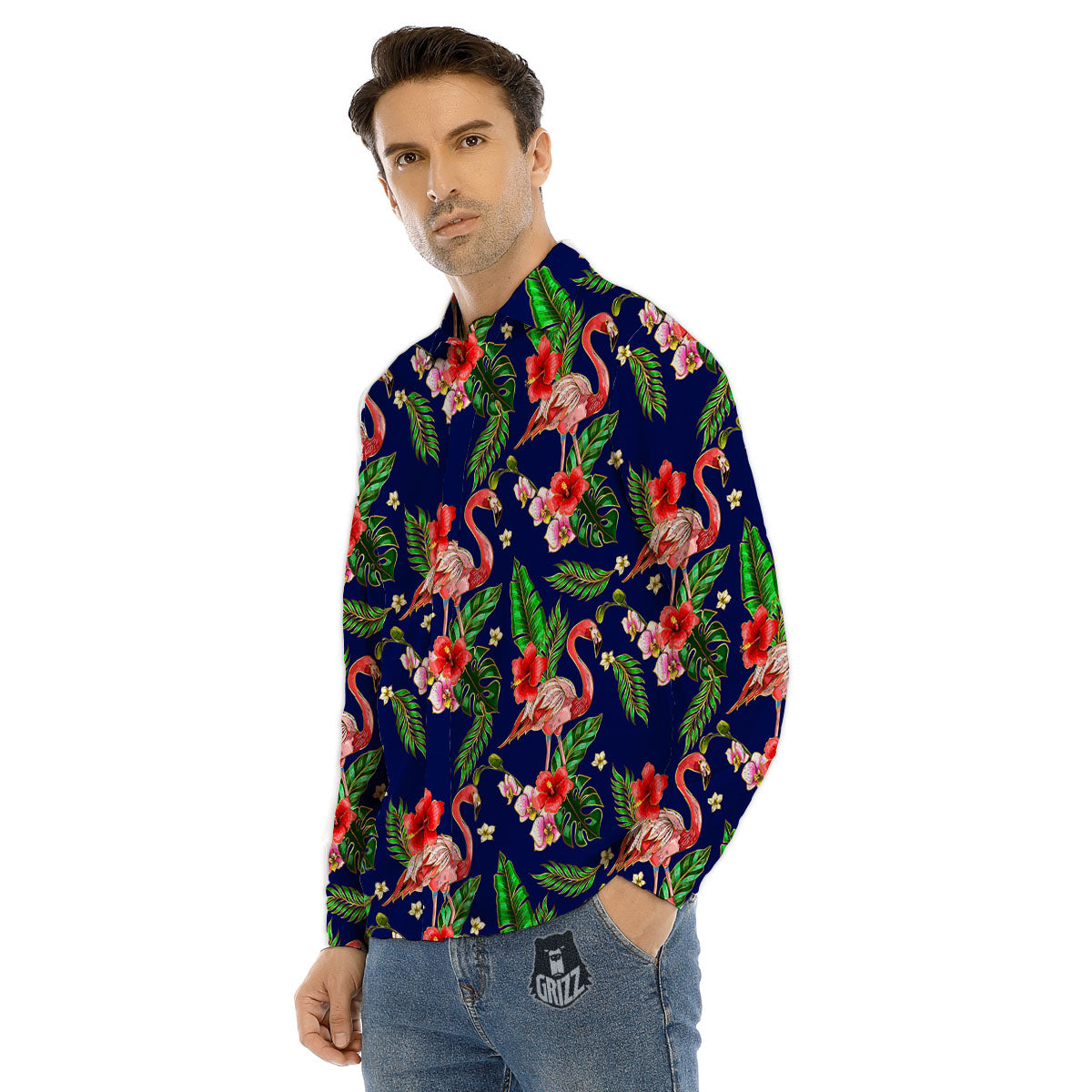 Flamingo Floral Tropical Print Pattern Men's Dress Shirts-grizzshop