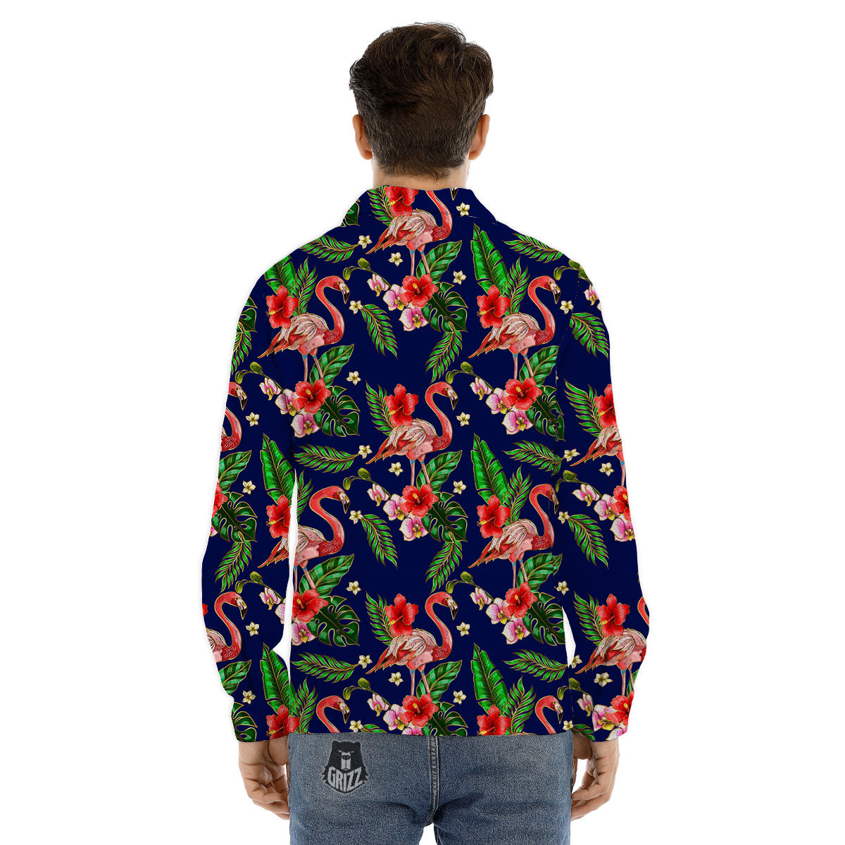Flamingo Floral Tropical Print Pattern Men's Dress Shirts-grizzshop