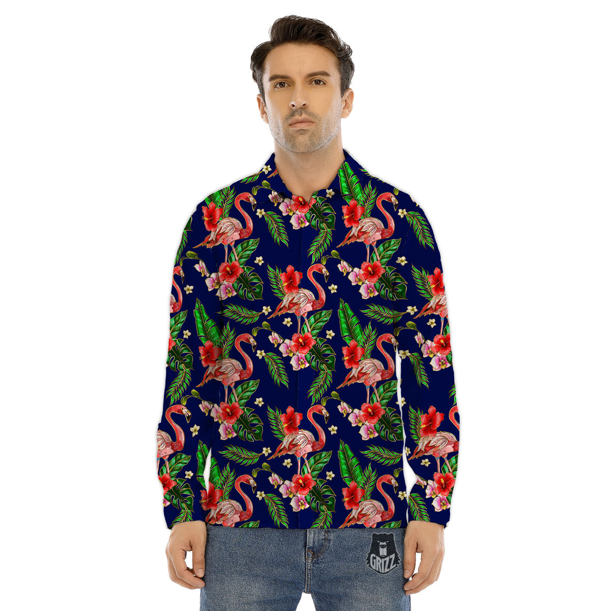 Flamingo Floral Tropical Print Pattern Men's Dress Shirts-grizzshop