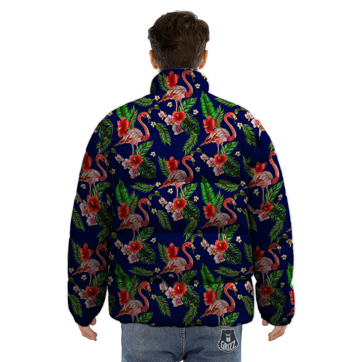 Flamingo Floral Tropical Print Pattern Puffer Jacket-grizzshop