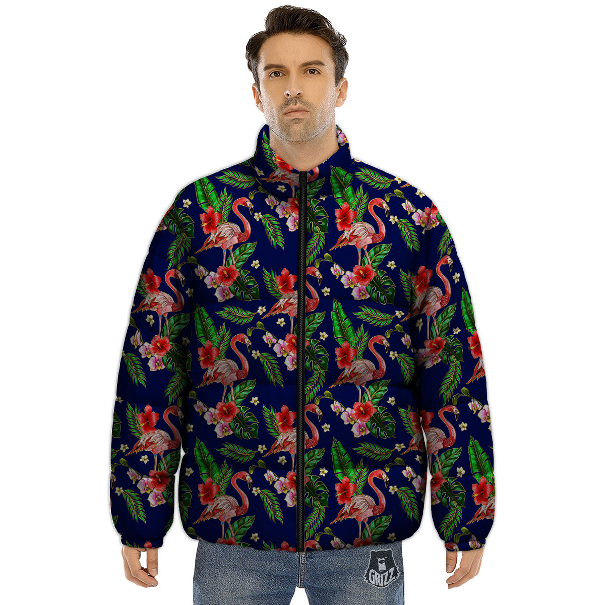 Flamingo Floral Tropical Print Pattern Puffer Jacket-grizzshop