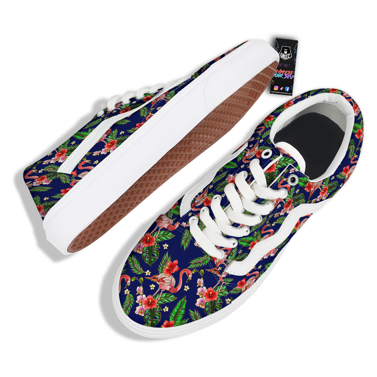 Flamingo Floral Tropical Print Pattern Skate Shoes-grizzshop