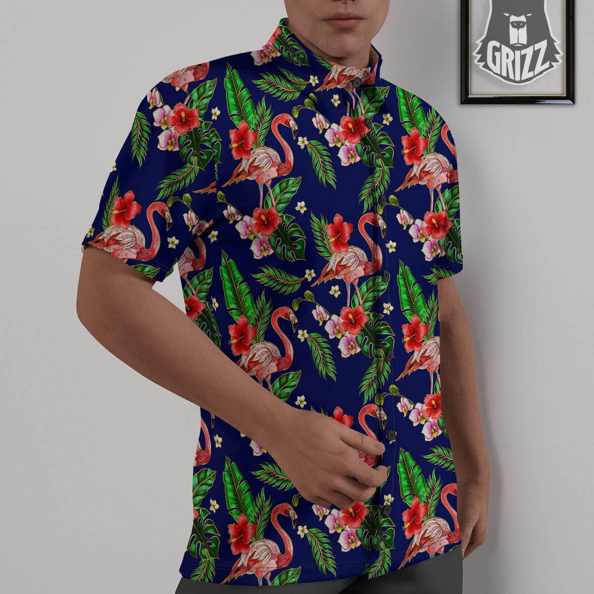 Flamingo Floral Tropical Print Pattern Untucked Shirts-grizzshop