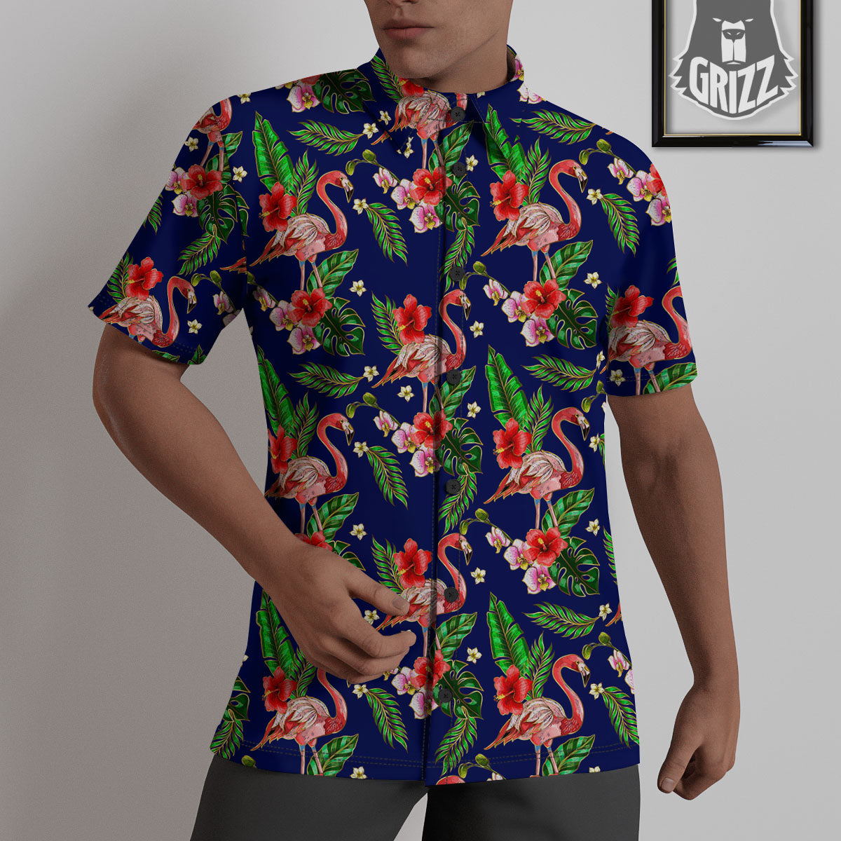 Flamingo Floral Tropical Print Pattern Untucked Shirts-grizzshop