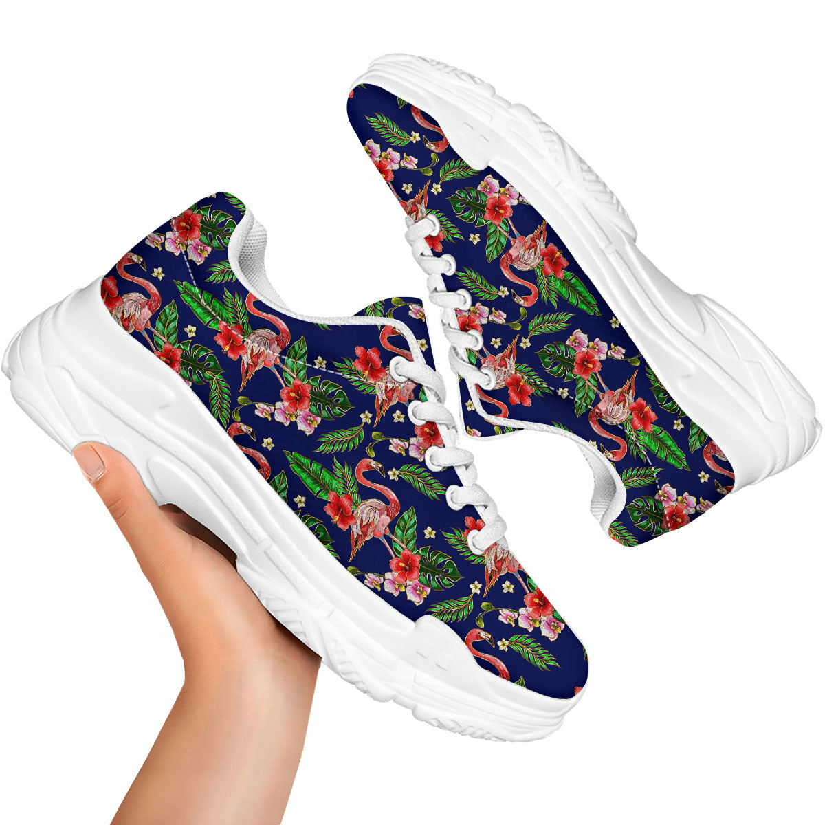 Flamingo Floral Tropical Print Pattern White Chunky Shoes-grizzshop