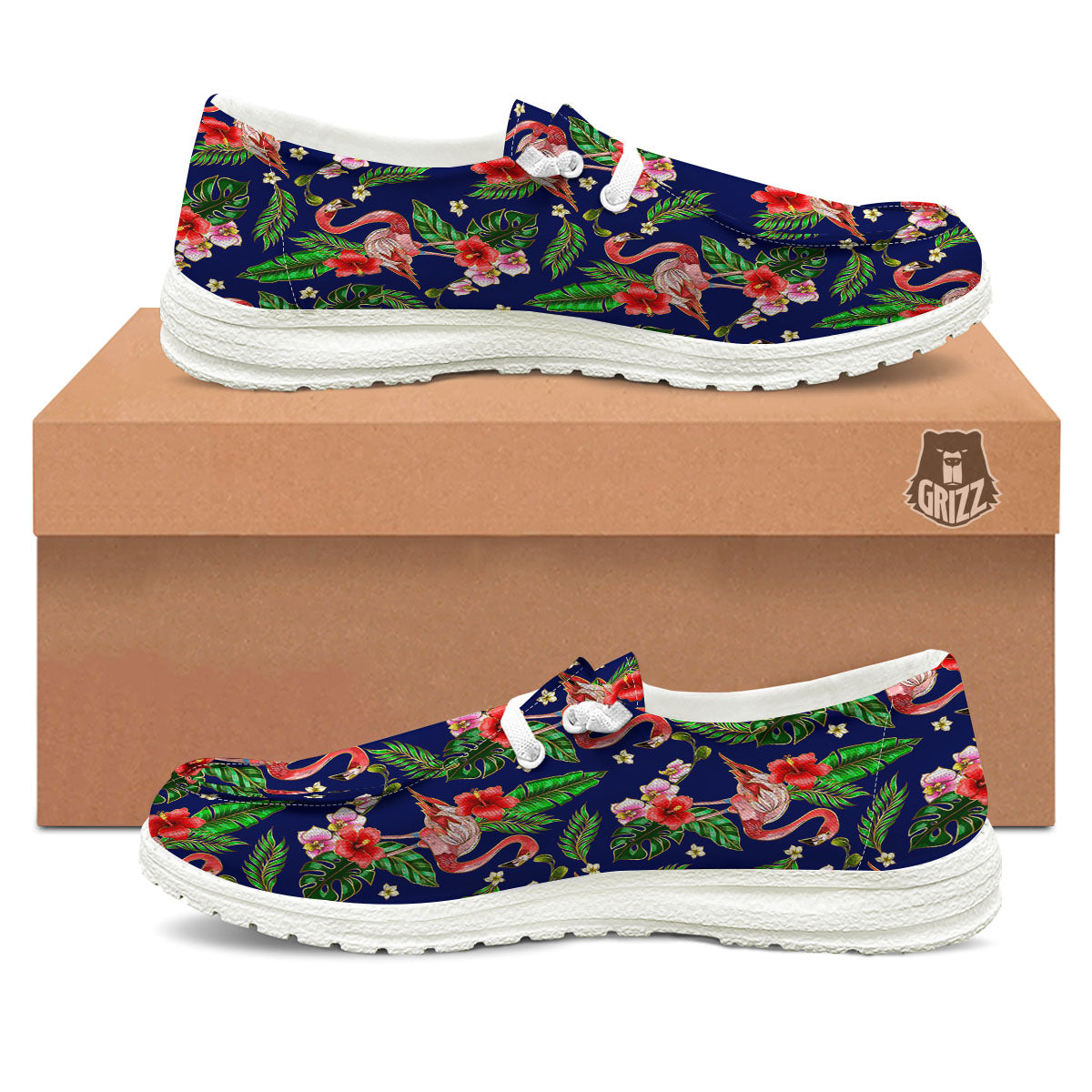 Flamingo Floral Tropical Print Pattern White Loafers-grizzshop