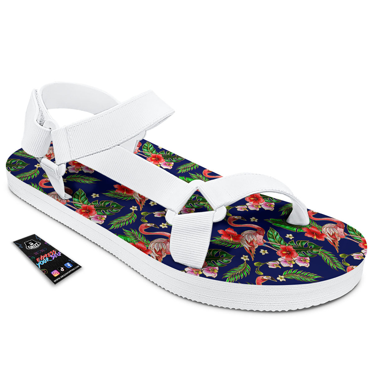 Flamingo Floral Tropical Print Pattern White Open Toe Sandals-grizzshop