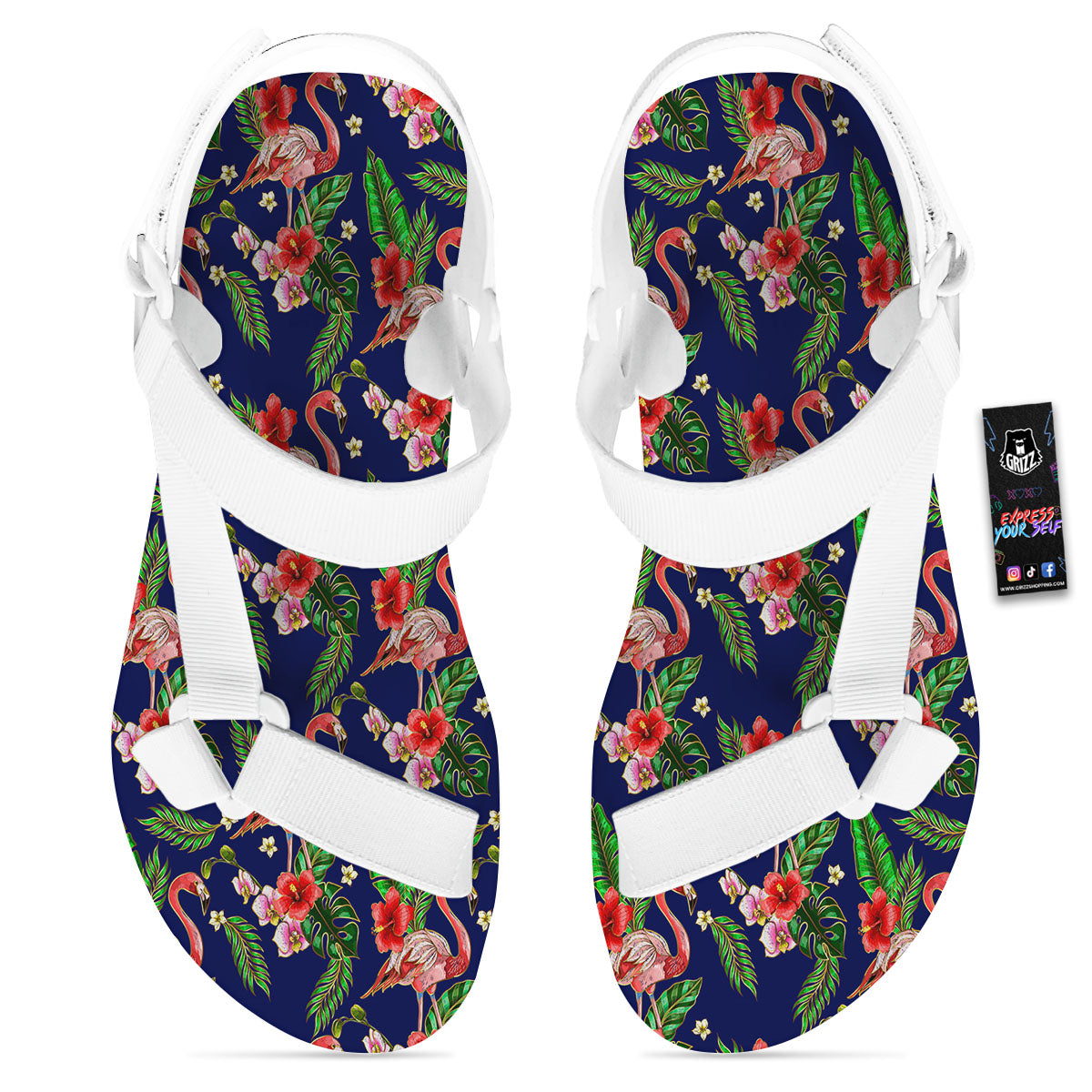 Flamingo Floral Tropical Print Pattern White Open Toe Sandals-grizzshop