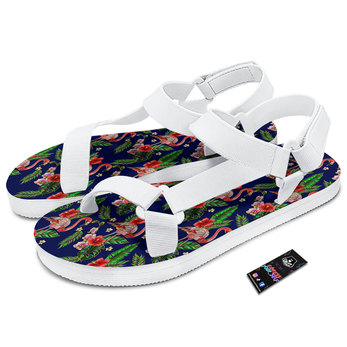 Flamingo Floral Tropical Print Pattern White Open Toe Sandals-grizzshop