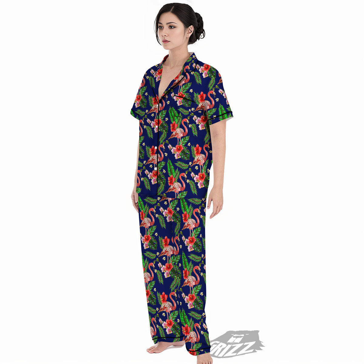 Flamingo Floral Tropical Print Pattern Women's Pajamas Set-grizzshop