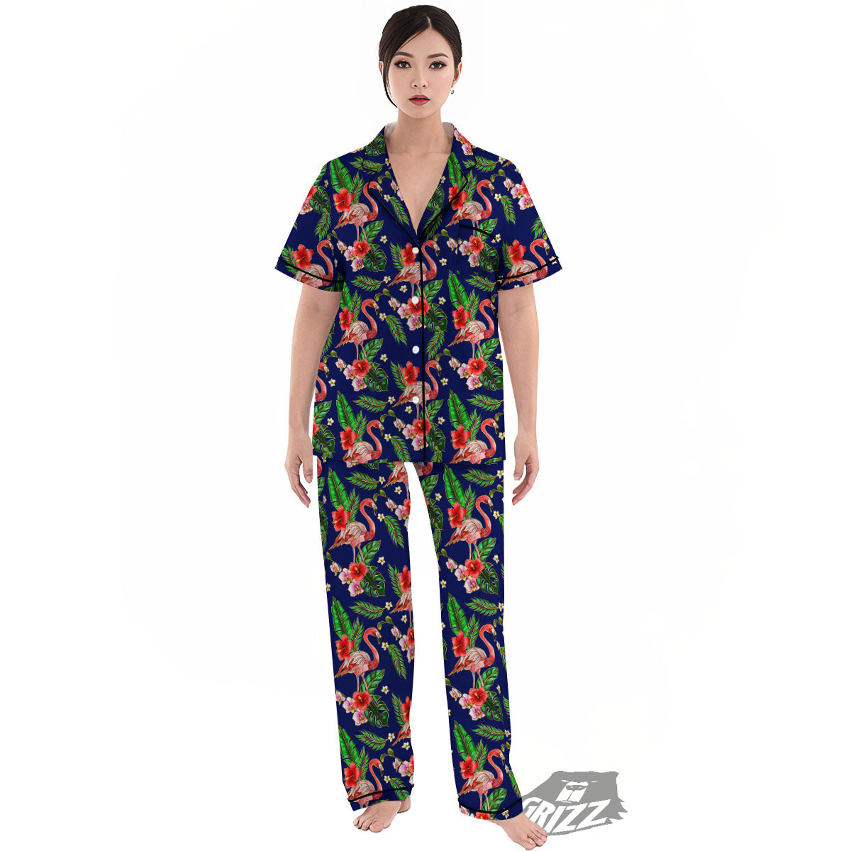 Flamingo Floral Tropical Print Pattern Women's Pajamas Set-grizzshop