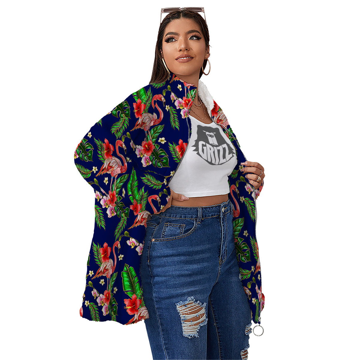 Flamingo Floral Tropical Print Pattern Women's Sherpa Jacket-grizzshop