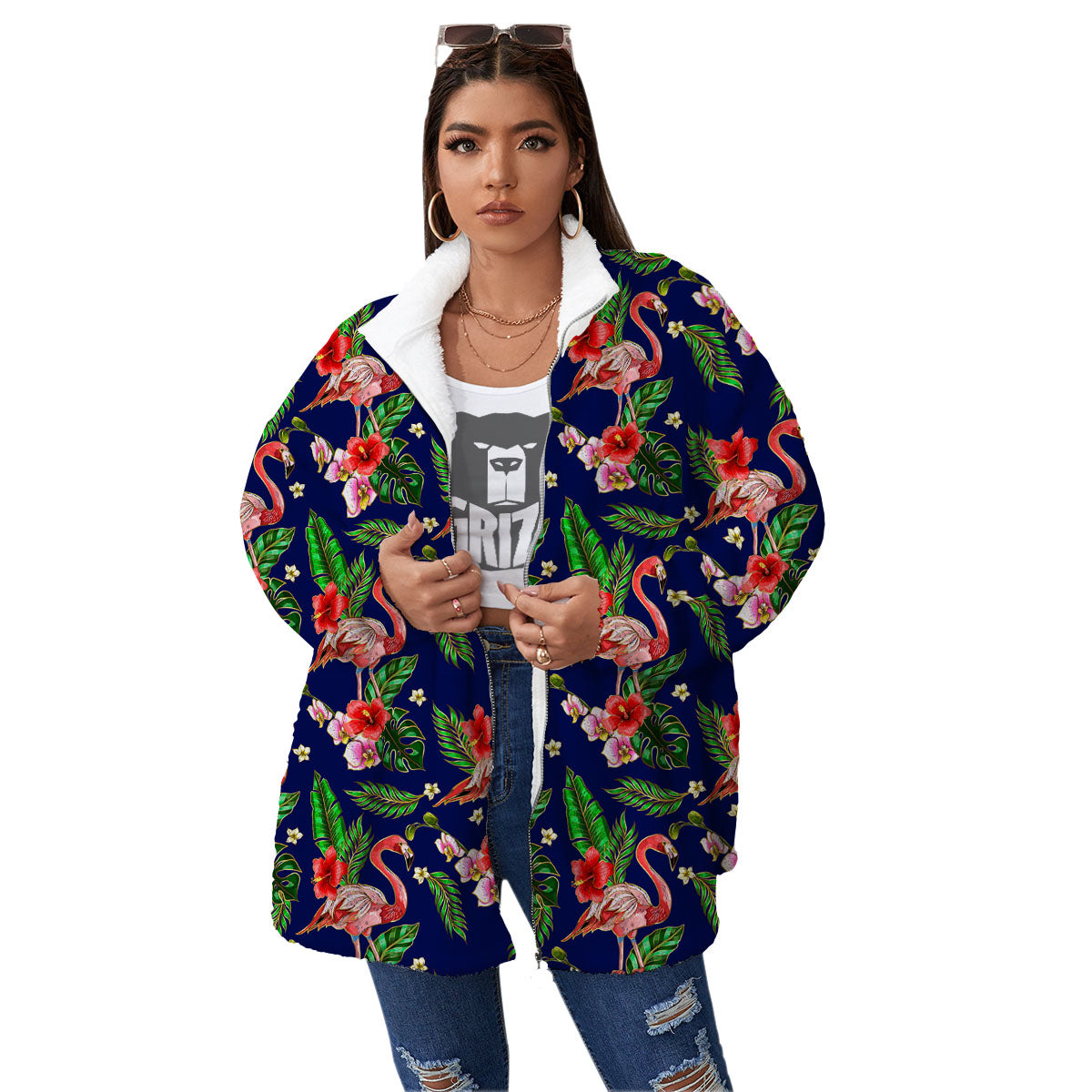 Flamingo Floral Tropical Print Pattern Women's Sherpa Jacket-grizzshop