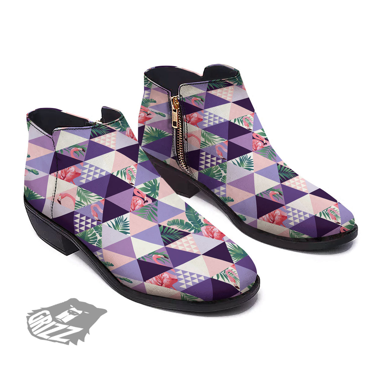 Flamingo Geometric Purple Print Pattern Ankle Boots-grizzshop