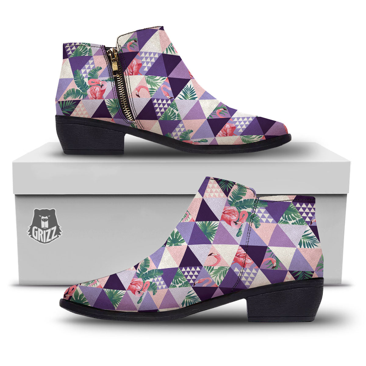 Flamingo Geometric Purple Print Pattern Ankle Boots-grizzshop