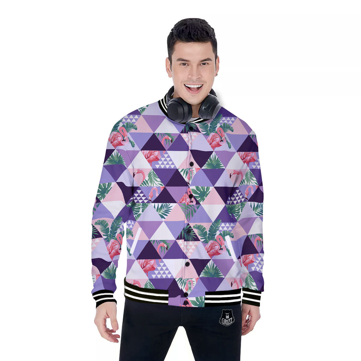 Flamingo Geometric Purple Print Pattern Baseball Jacket-grizzshop