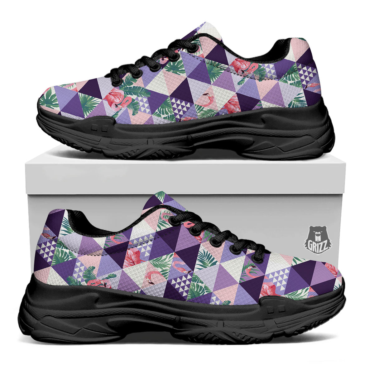 Flamingo Geometric Purple Print Pattern Black Chunky Shoes-grizzshop