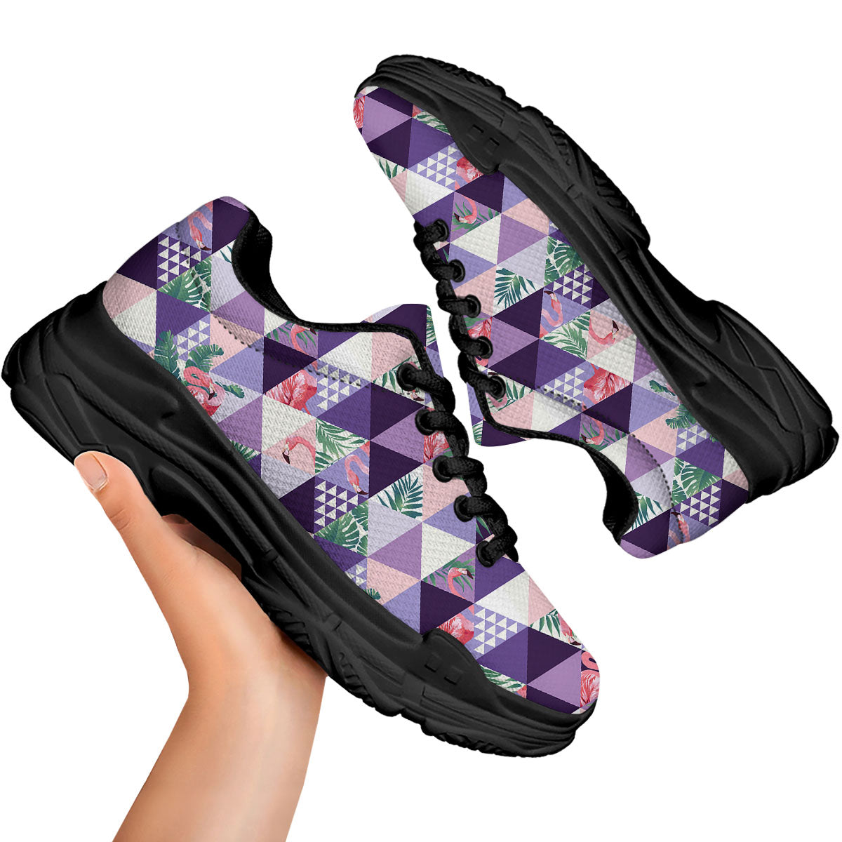 Flamingo Geometric Purple Print Pattern Black Chunky Shoes-grizzshop