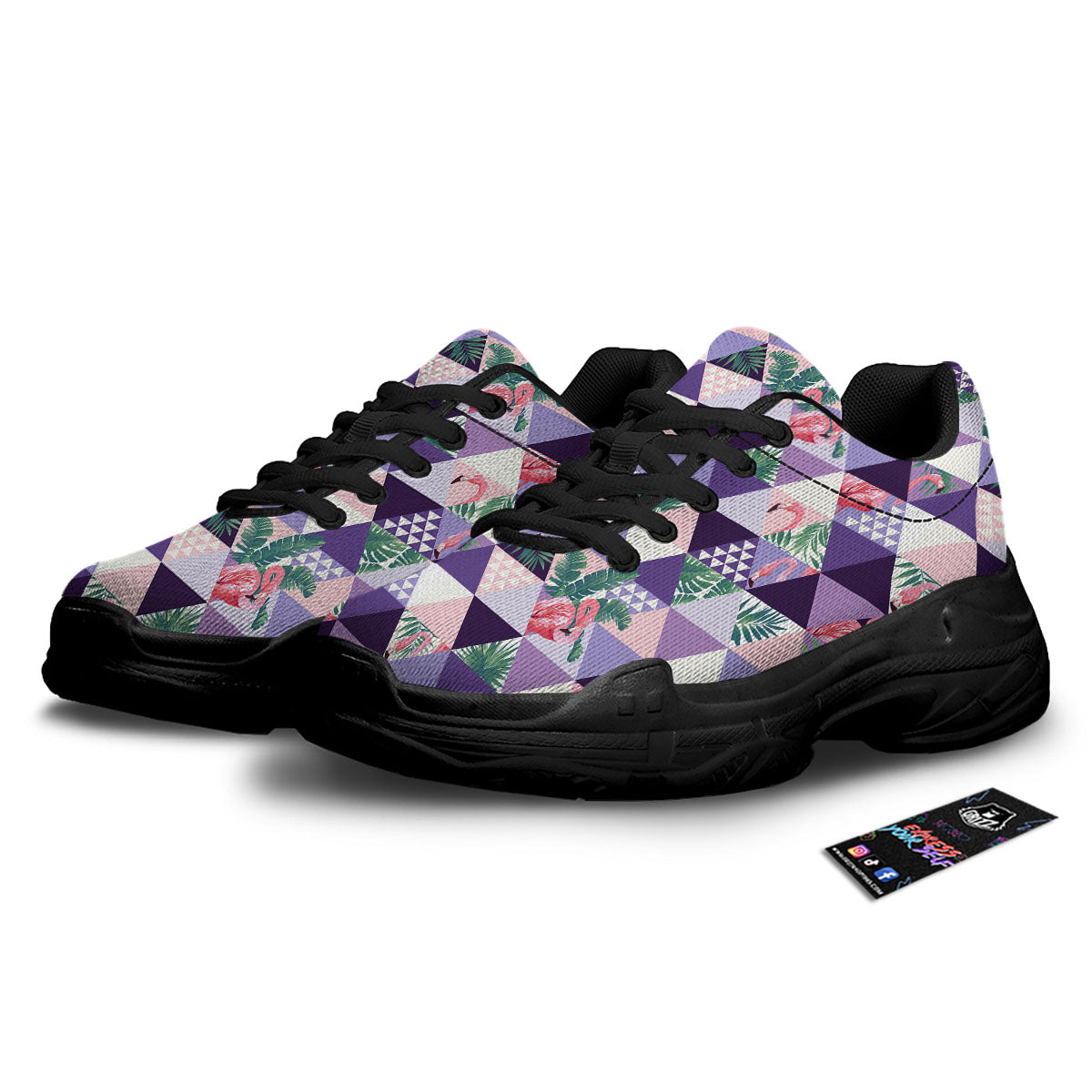 Flamingo Geometric Purple Print Pattern Black Chunky Shoes-grizzshop