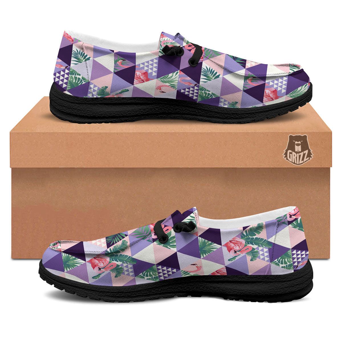 Flamingo Geometric Purple Print Pattern Black Loafers-grizzshop