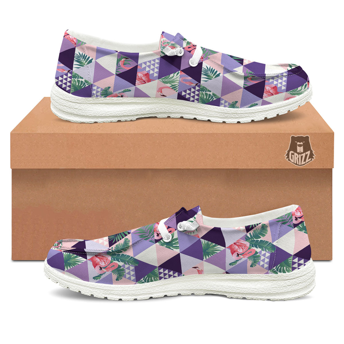 Flamingo Geometric Purple Print Pattern Black Loafers-grizzshop