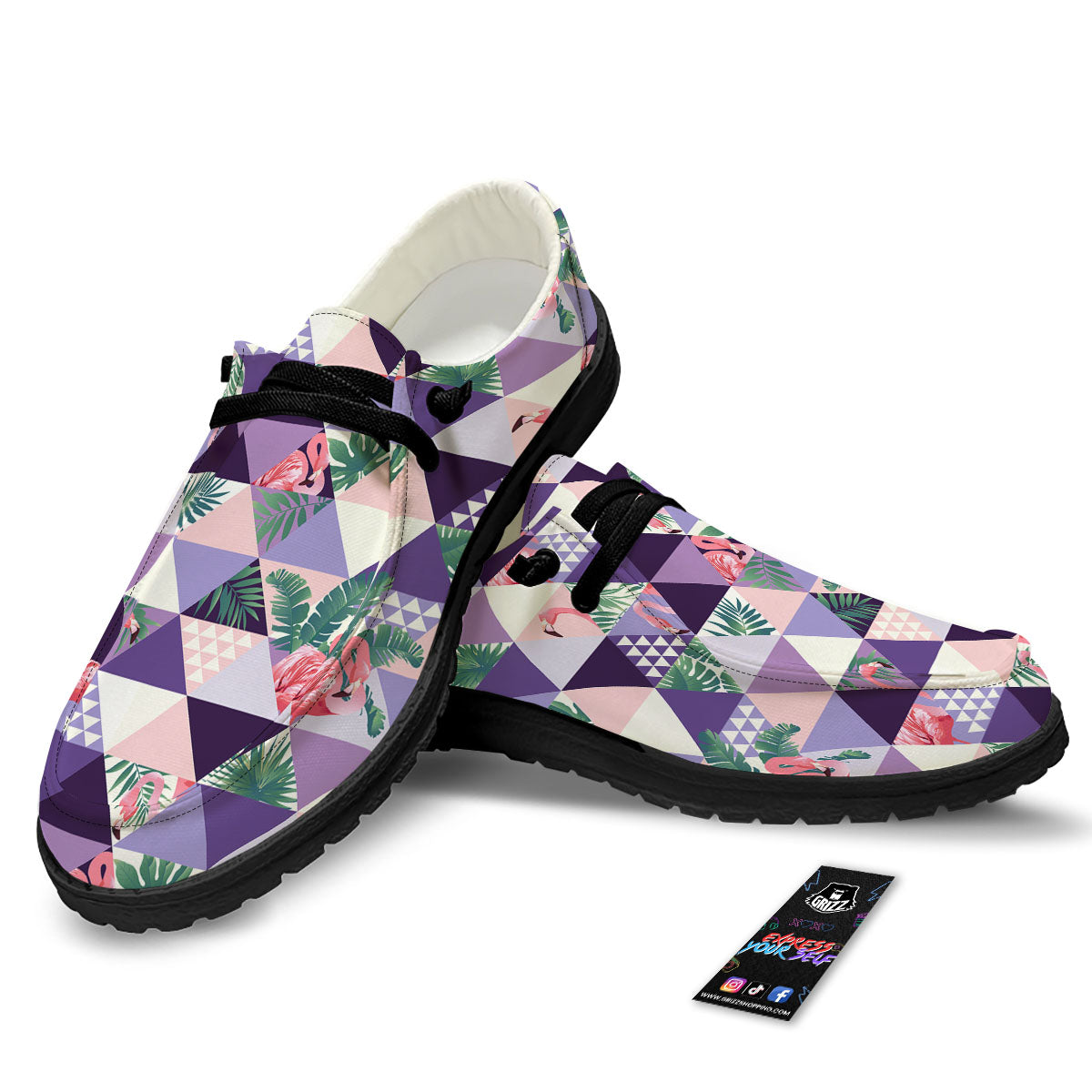 Flamingo Geometric Purple Print Pattern Black Loafers-grizzshop