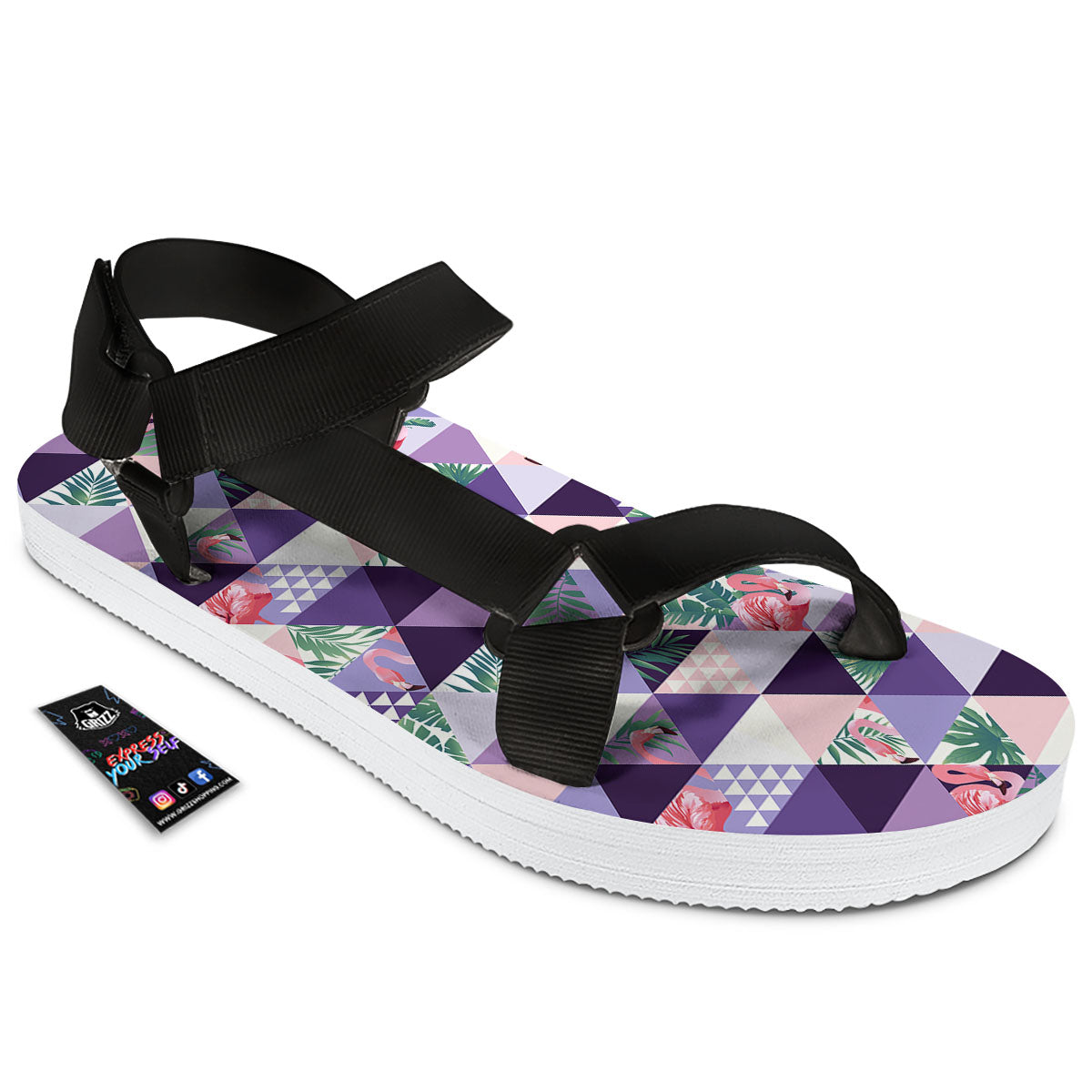 Flamingo Geometric Purple Print Pattern Black Open Toe Sandals-grizzshop