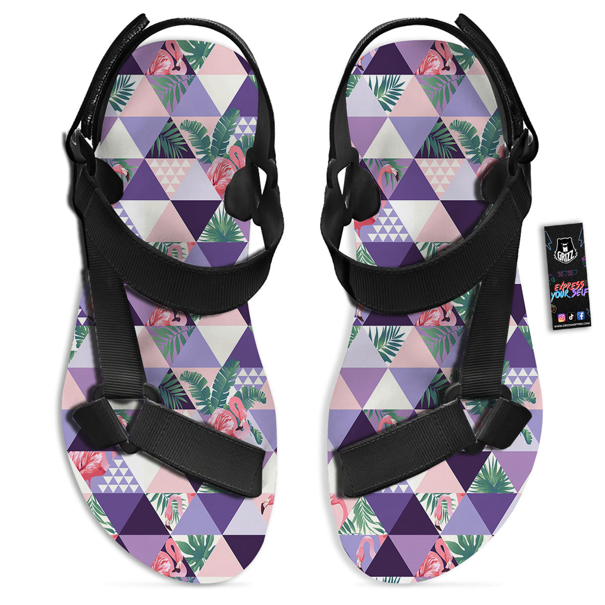 Flamingo Geometric Purple Print Pattern Black Open Toe Sandals-grizzshop