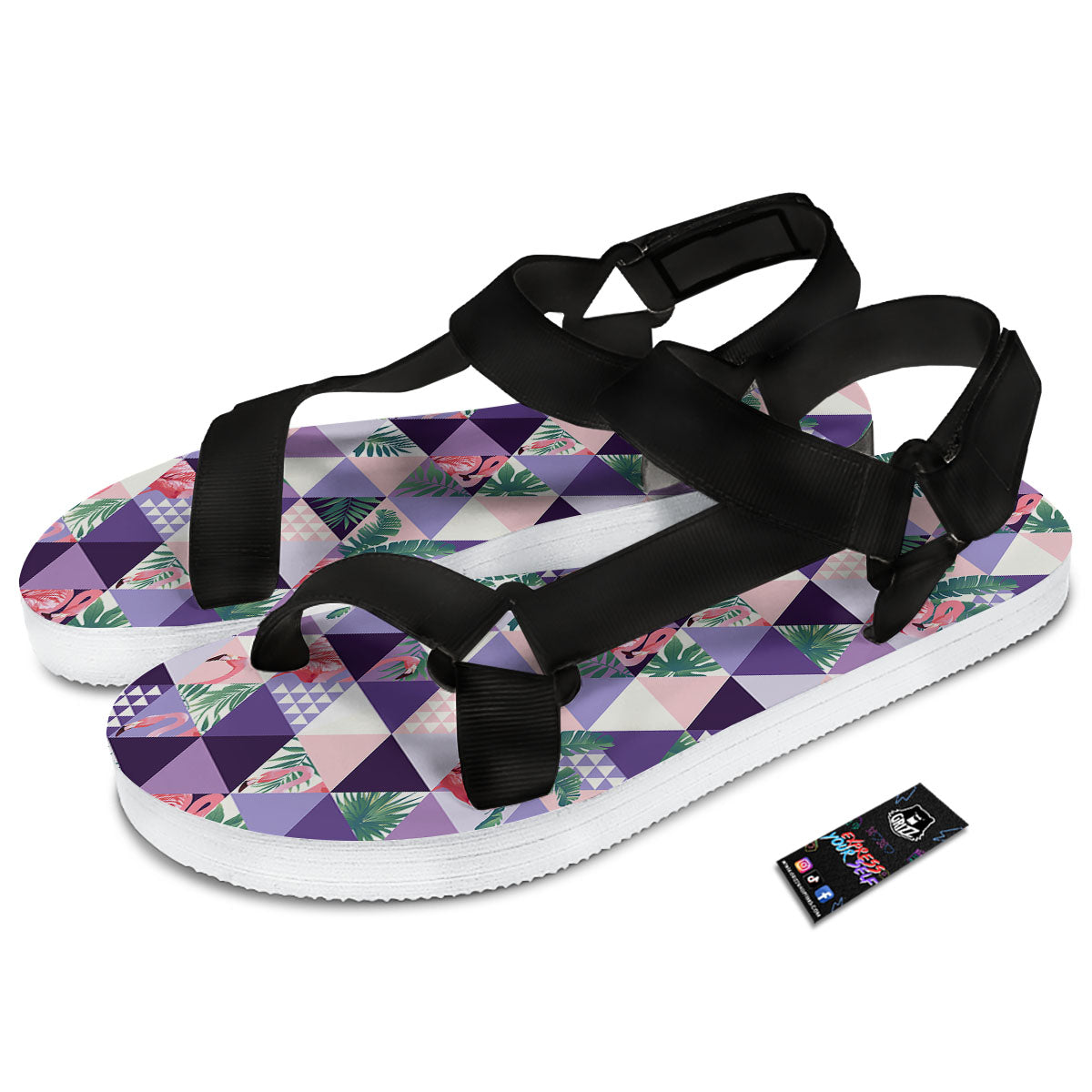 Flamingo Geometric Purple Print Pattern Black Open Toe Sandals-grizzshop