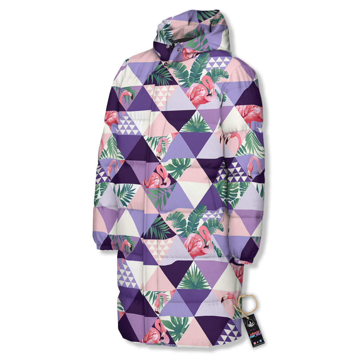 Flamingo Geometric Purple Print Pattern Long Down Jacket-grizzshop