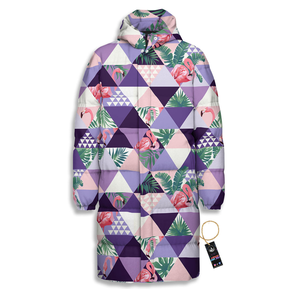 Flamingo Geometric Purple Print Pattern Long Down Jacket-grizzshop