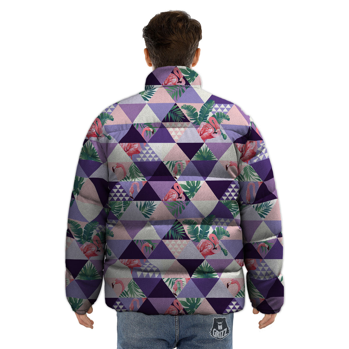 Flamingo Geometric Purple Print Pattern Puffer Jacket-grizzshop